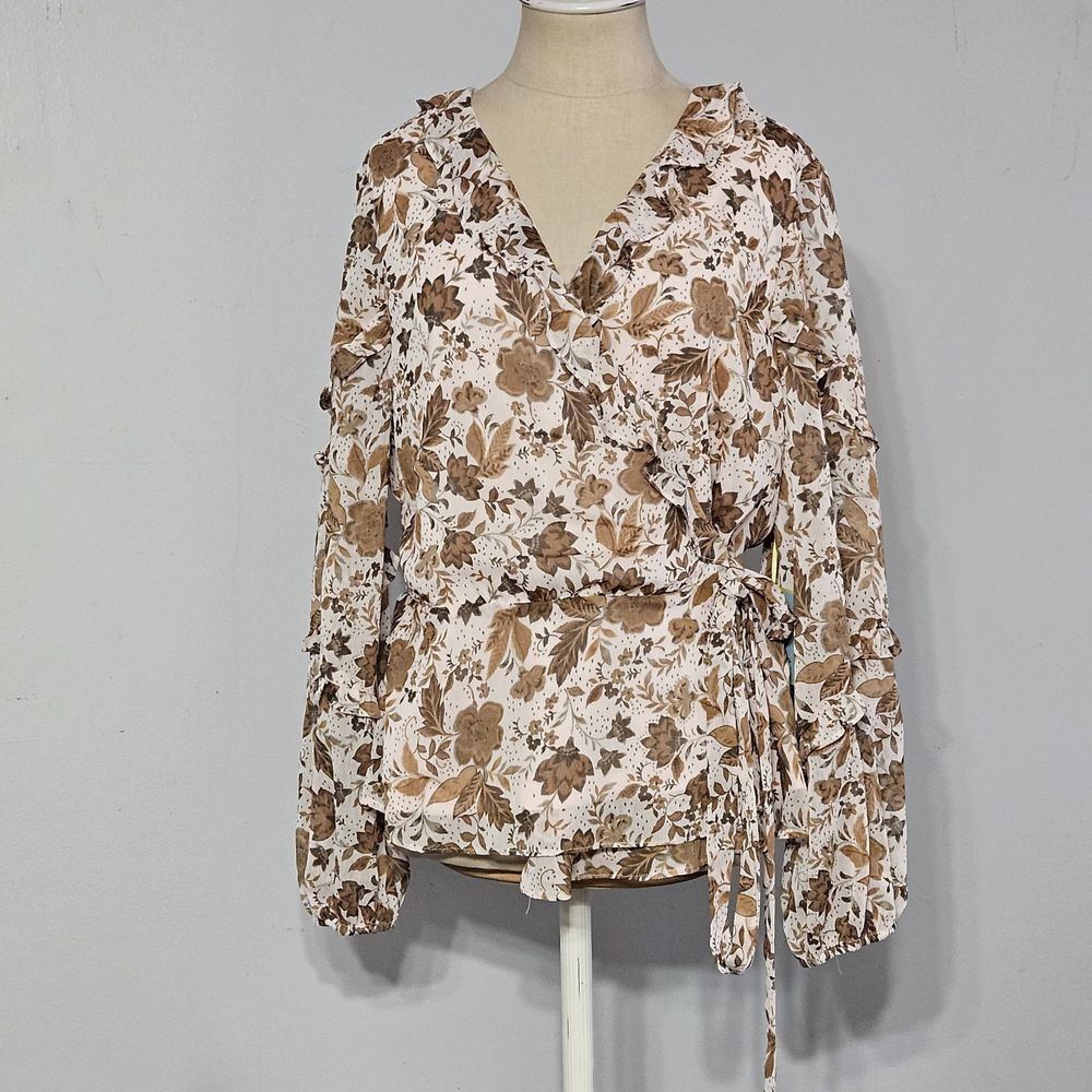 New CeCe Women's Floral Long-sleeve Wrap Waist V-neck‎ Blouse Large - Picture 2 of 7